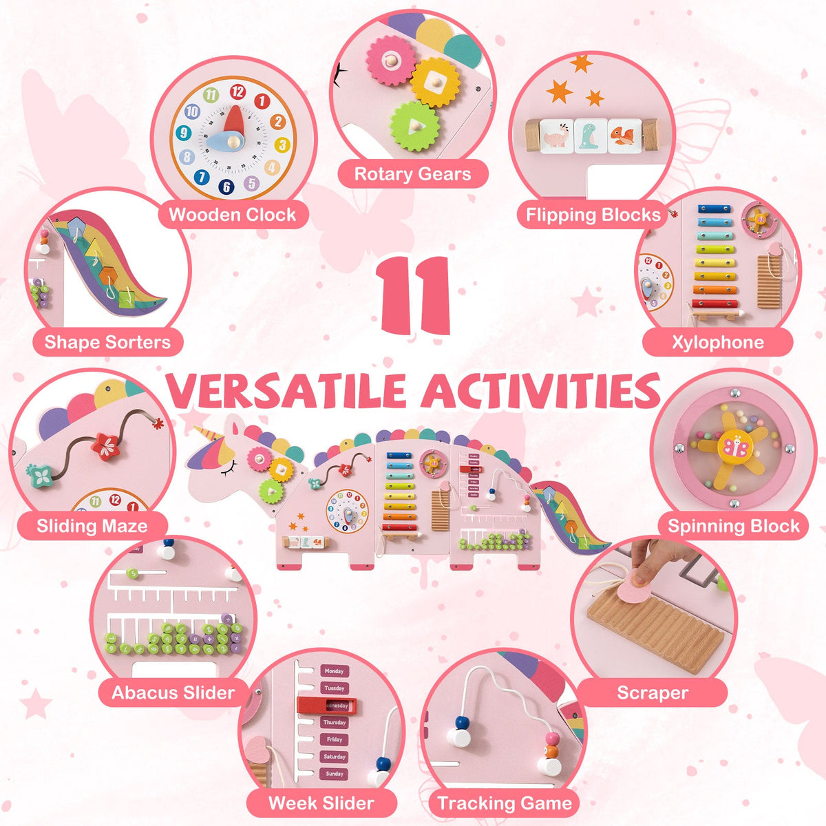 11-in-1 Dinosaur Activity Wall Busy Board Panels for Toddlers Education and Early Development