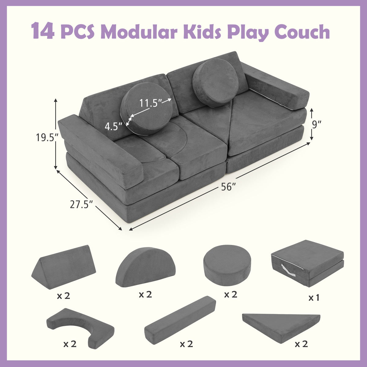 14 PCS Modular Kids Play Couch for Playroom and Bedroom