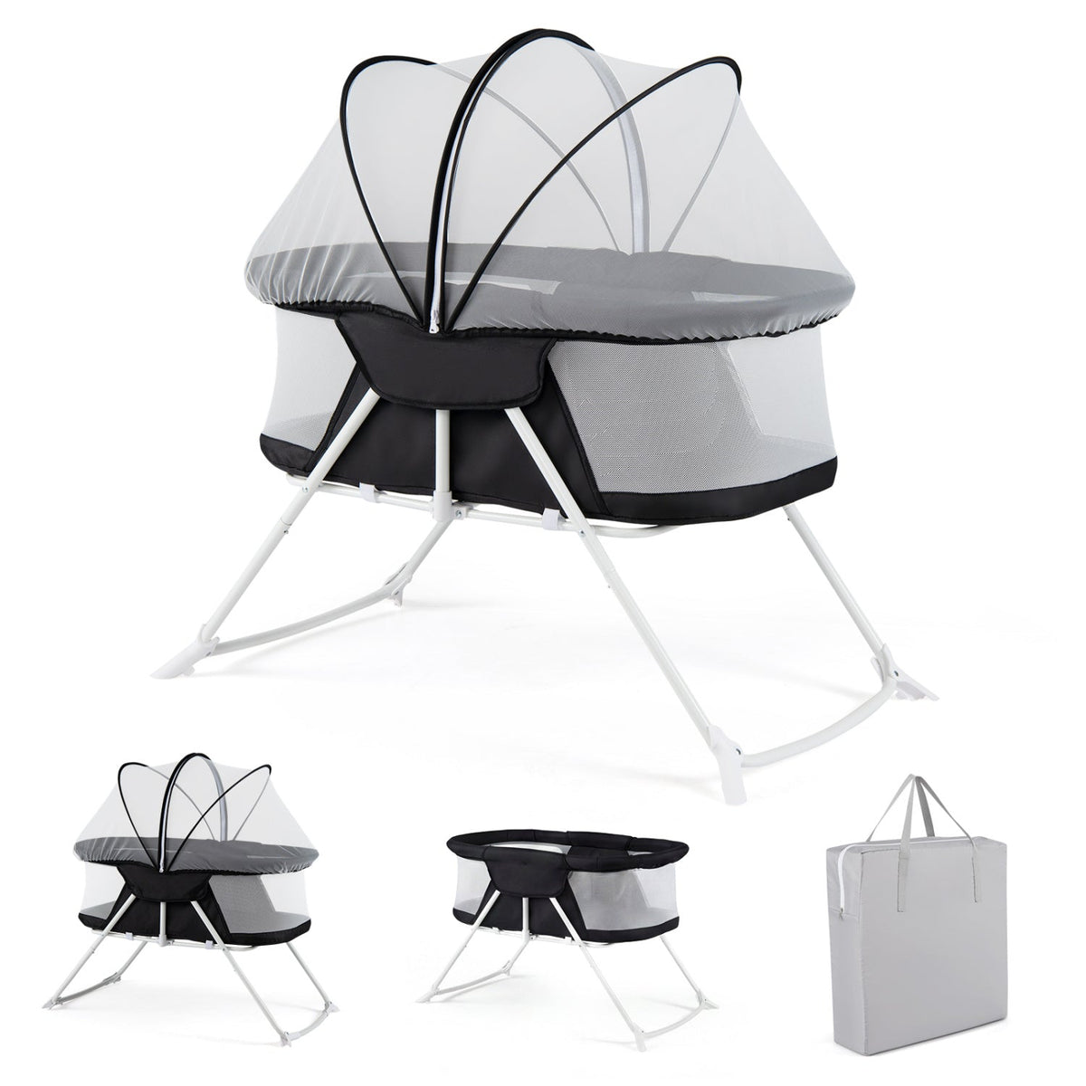2 in 1 Baby Bassinet with Rocking Motion Foldable Bedside Sleeper with Breathable Mesh