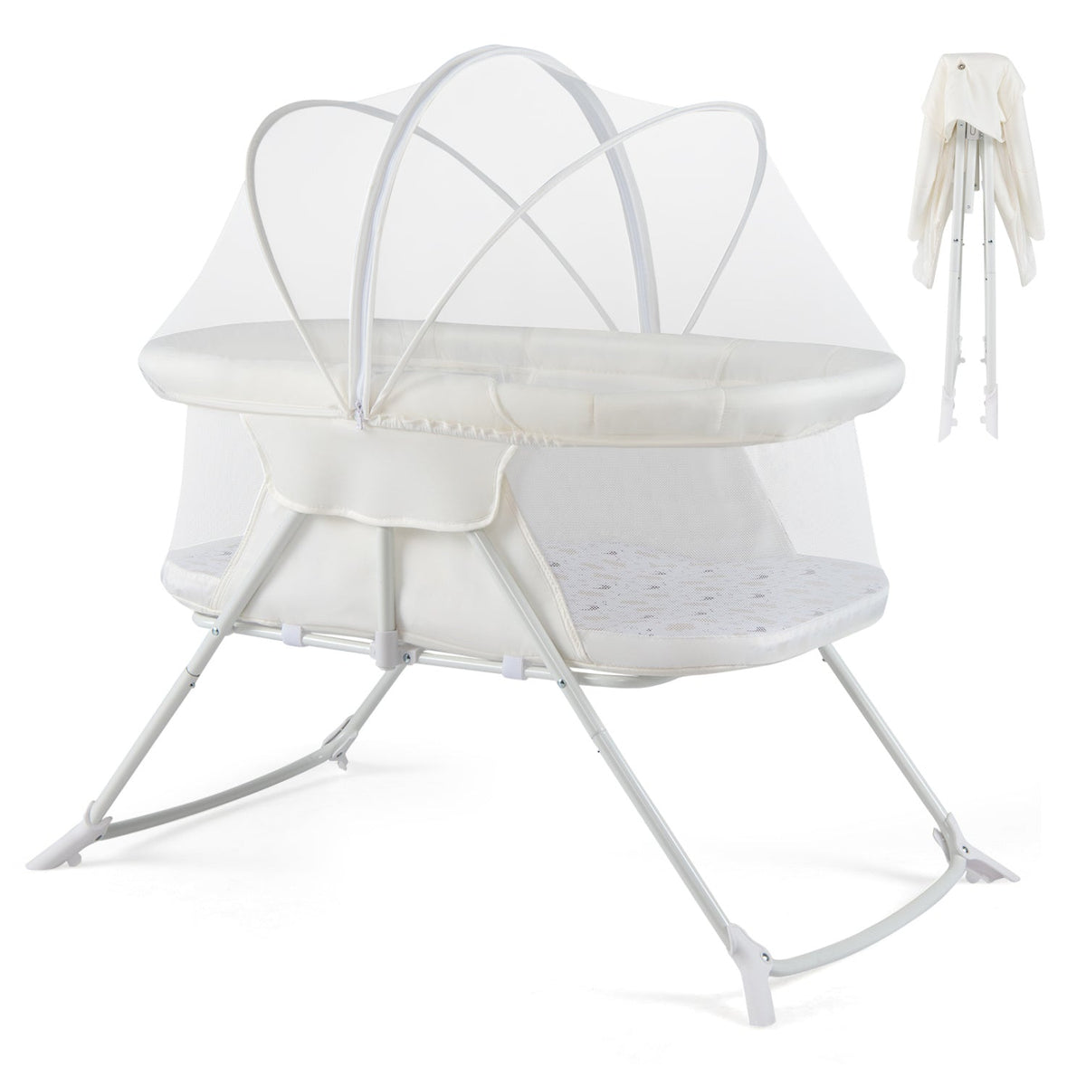 2 in 1 Baby Bassinet with Rocking Motion Foldable Bedside Sleeper with Breathable Mesh