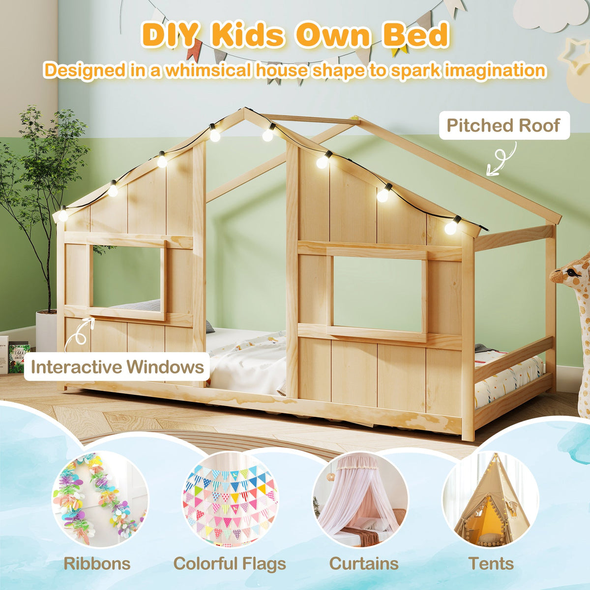 Twin Size House Bed with LED Lights Montessori Slat-free Floor Bed