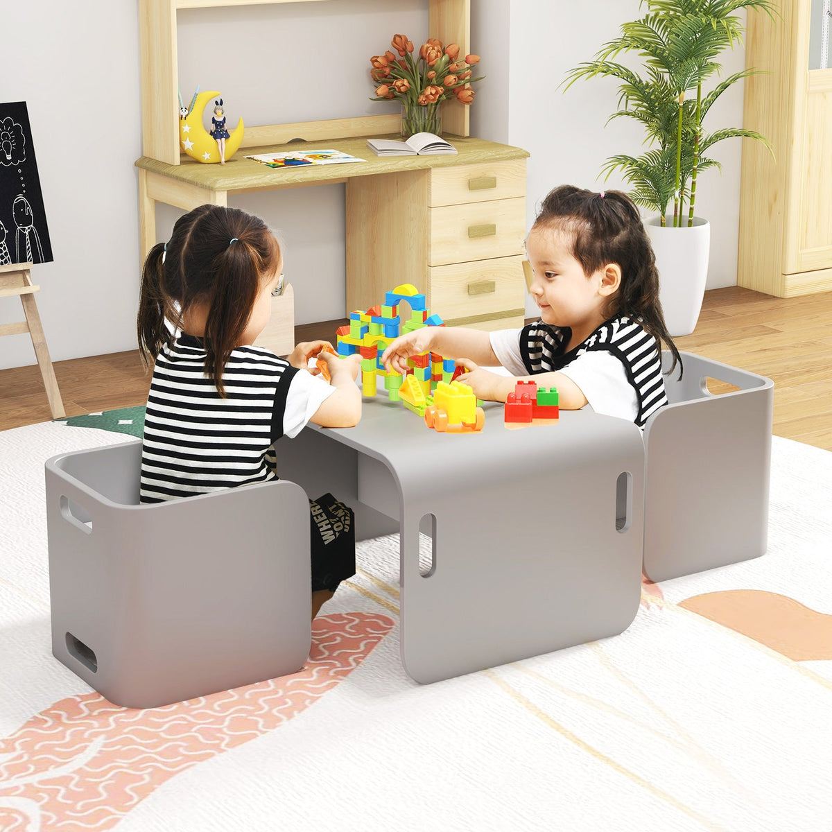 3 Pieces Kids Wooden Table and Chair Set