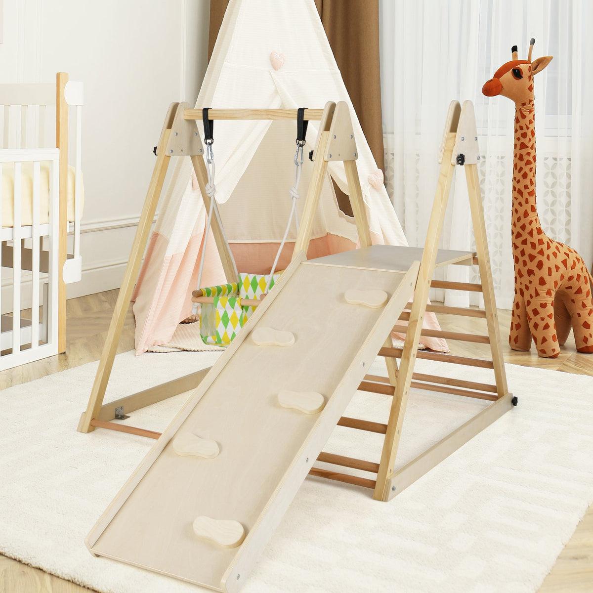 4-in-1 Indoor Jungle Gym with Baby Swing and Climbing Ramp