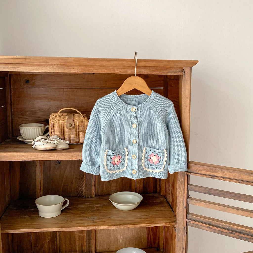 Children's Round Collar Sweater Cardigan Hand Crochet Hollow Flower Pocket Coat