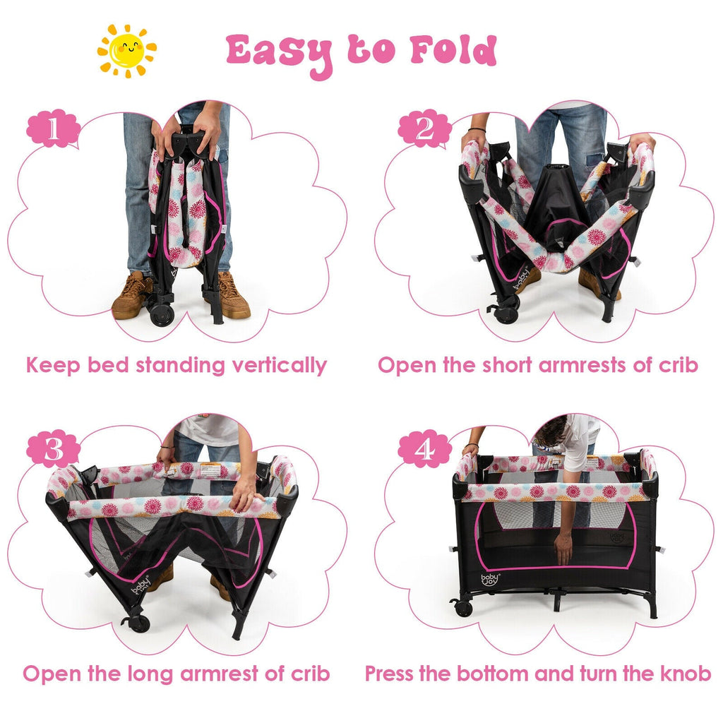 3-in-1 Convertible Portable Baby Playard with Music Box and Wheel and Brakes