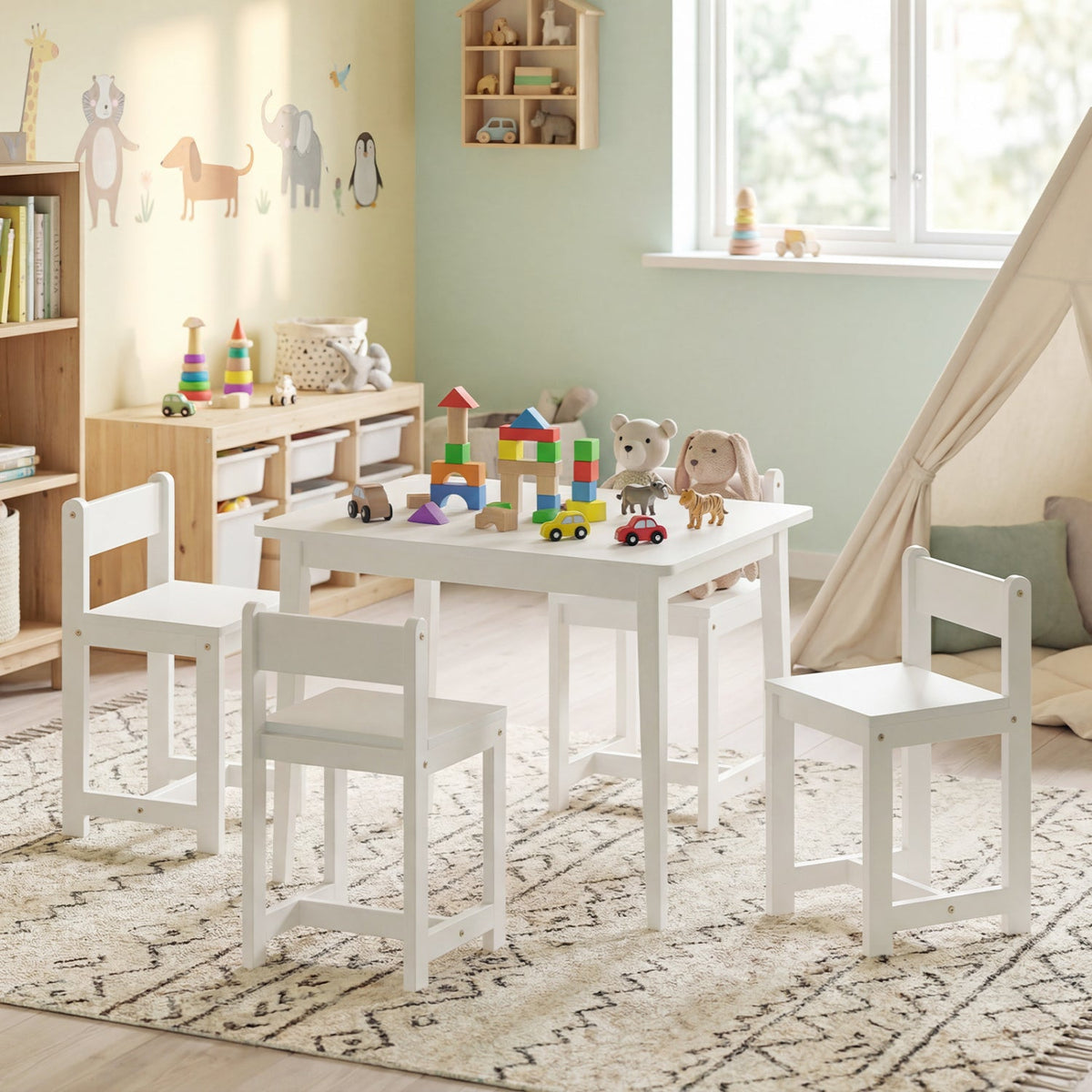 5-Piece Kids Table and Chairs Set Solid Rubber Wood Toddler Activity Table