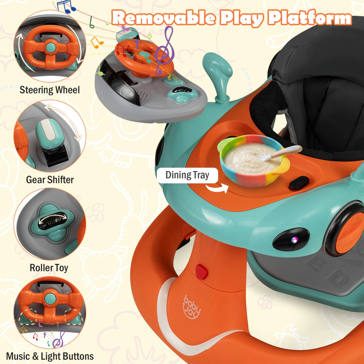 6-in-1 Baby Walker with Canopy Portable Activity Center Bouncer Rocker Combo with Music