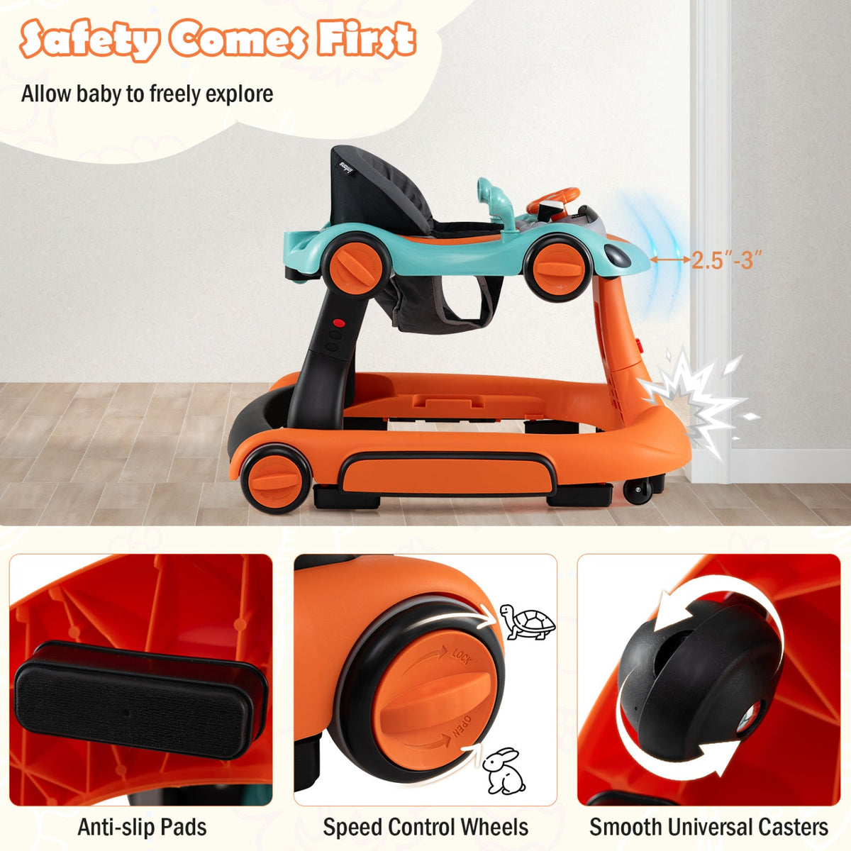 6-in-1 Baby Walker with Canopy Portable Activity Center Bouncer Rocker Combo with Music