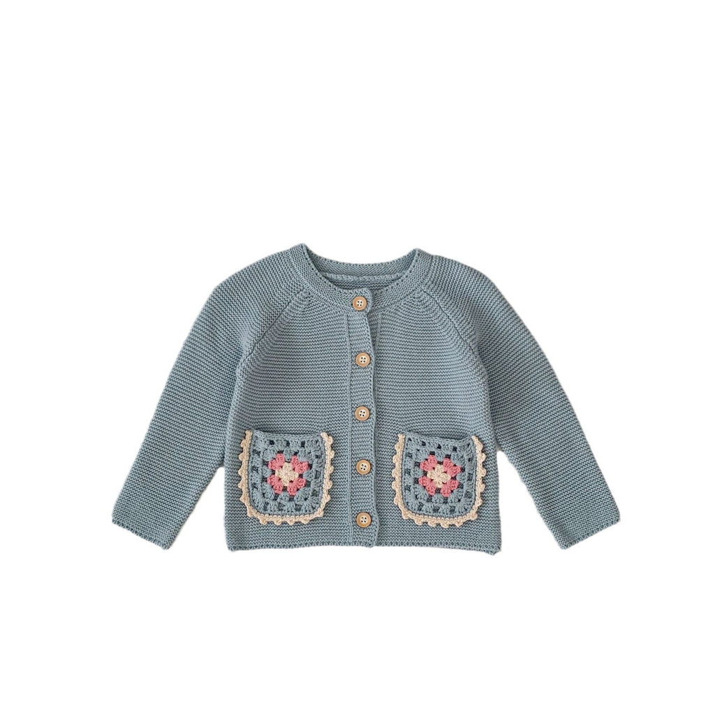 Children's Round Collar Sweater Cardigan Hand Crochet Hollow Flower Pocket Coat