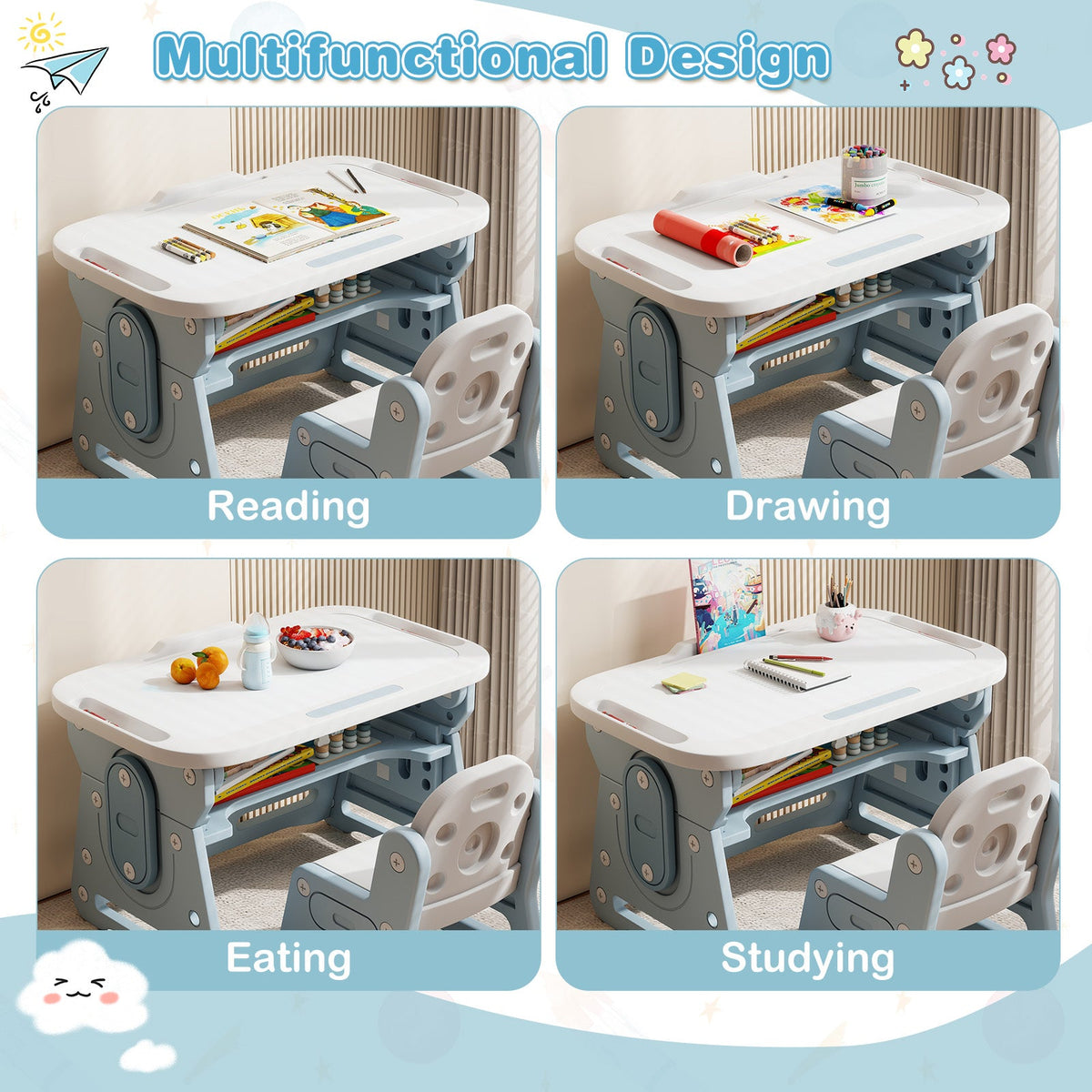 Height Adjustable Kids Table and Chair Set with Tiltable Whiteboard and Concave Shelf