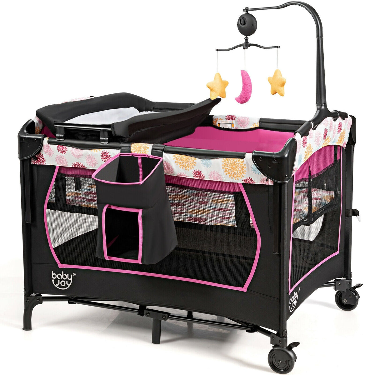 3-in-1 Convertible Portable Baby Playard with Music Box and Wheel and Brakes
