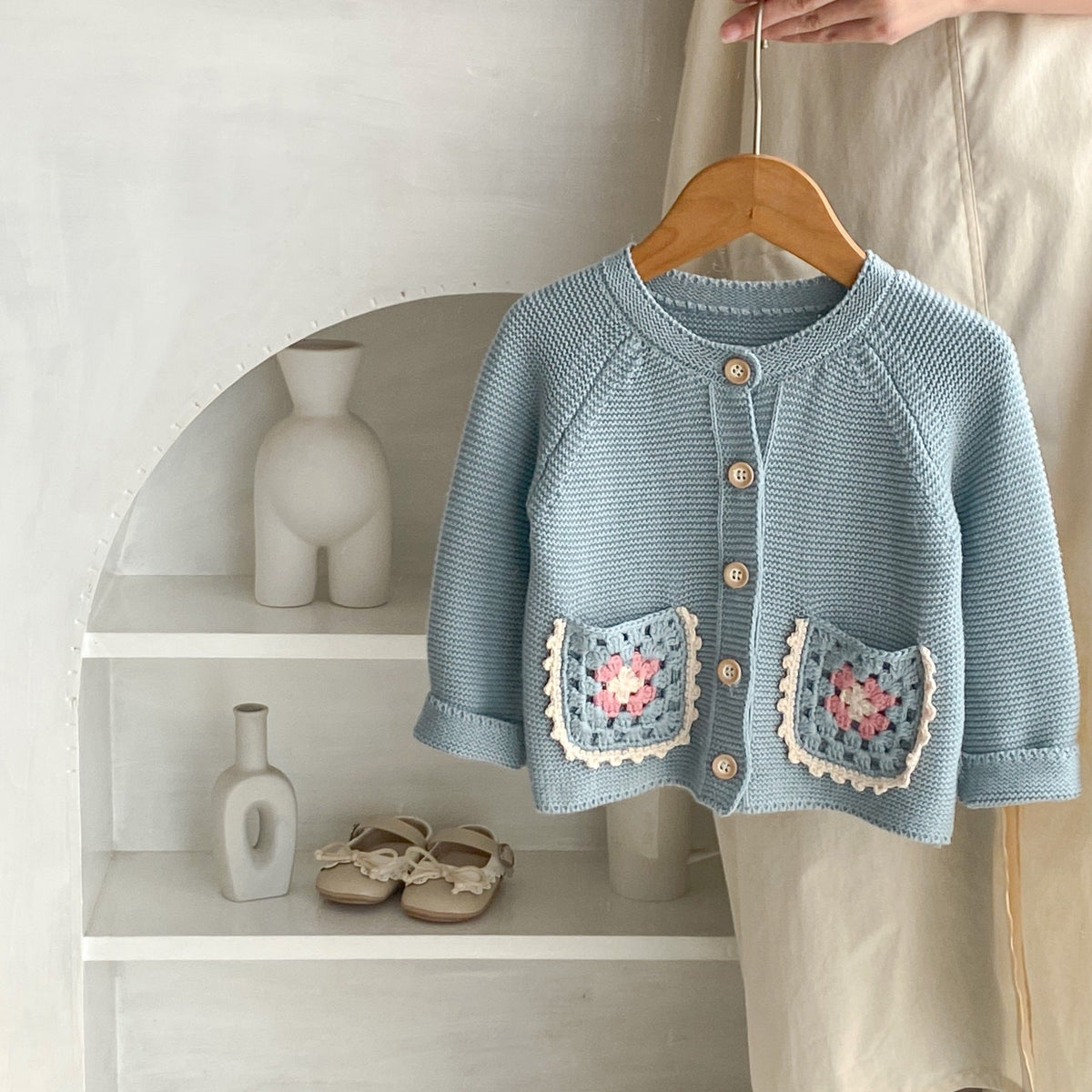 Children's Round Collar Sweater Cardigan Hand Crochet Hollow Flower Pocket Coat