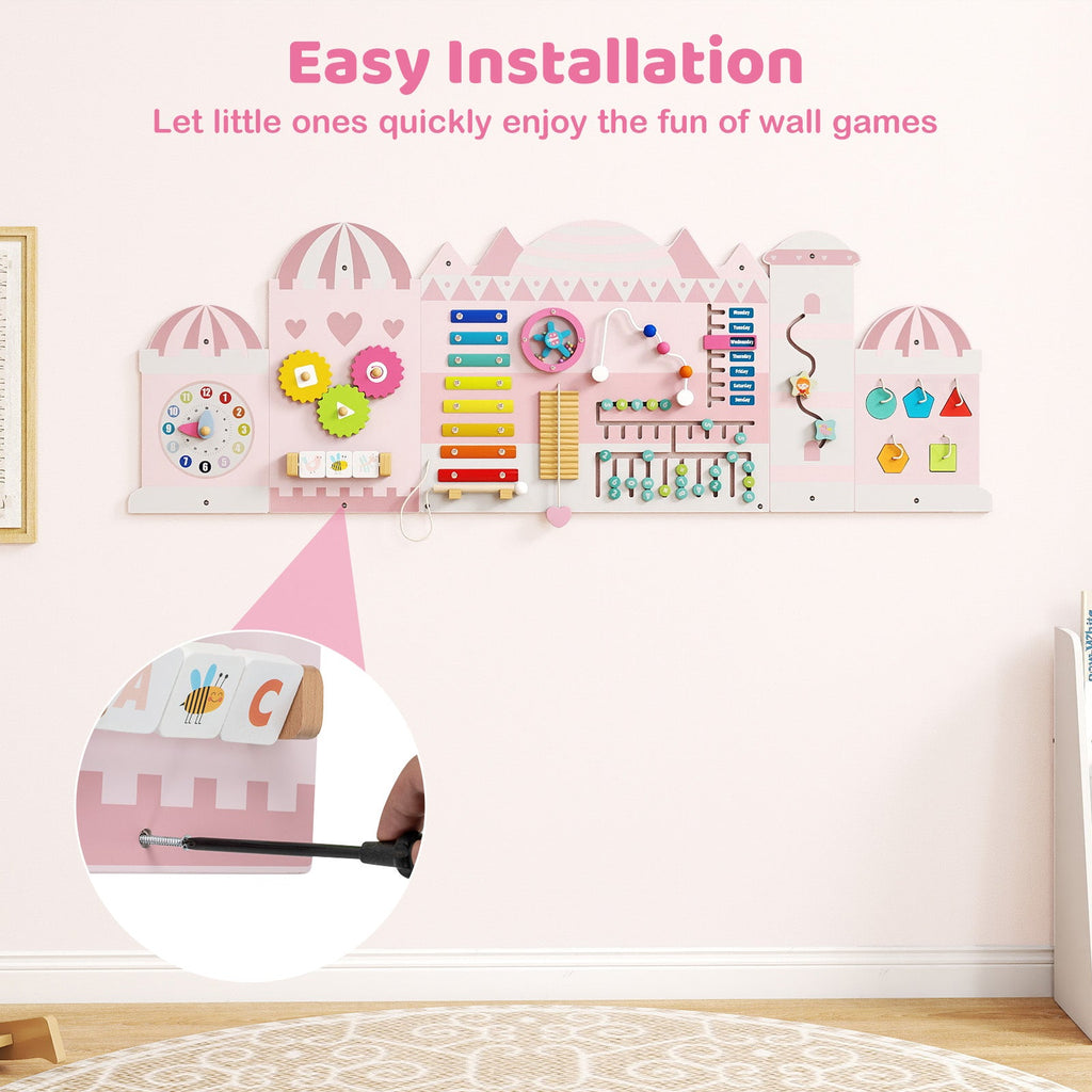 Activity Wall Busy Board Panels for Toddlers Wooden Sensory Board-Pink
