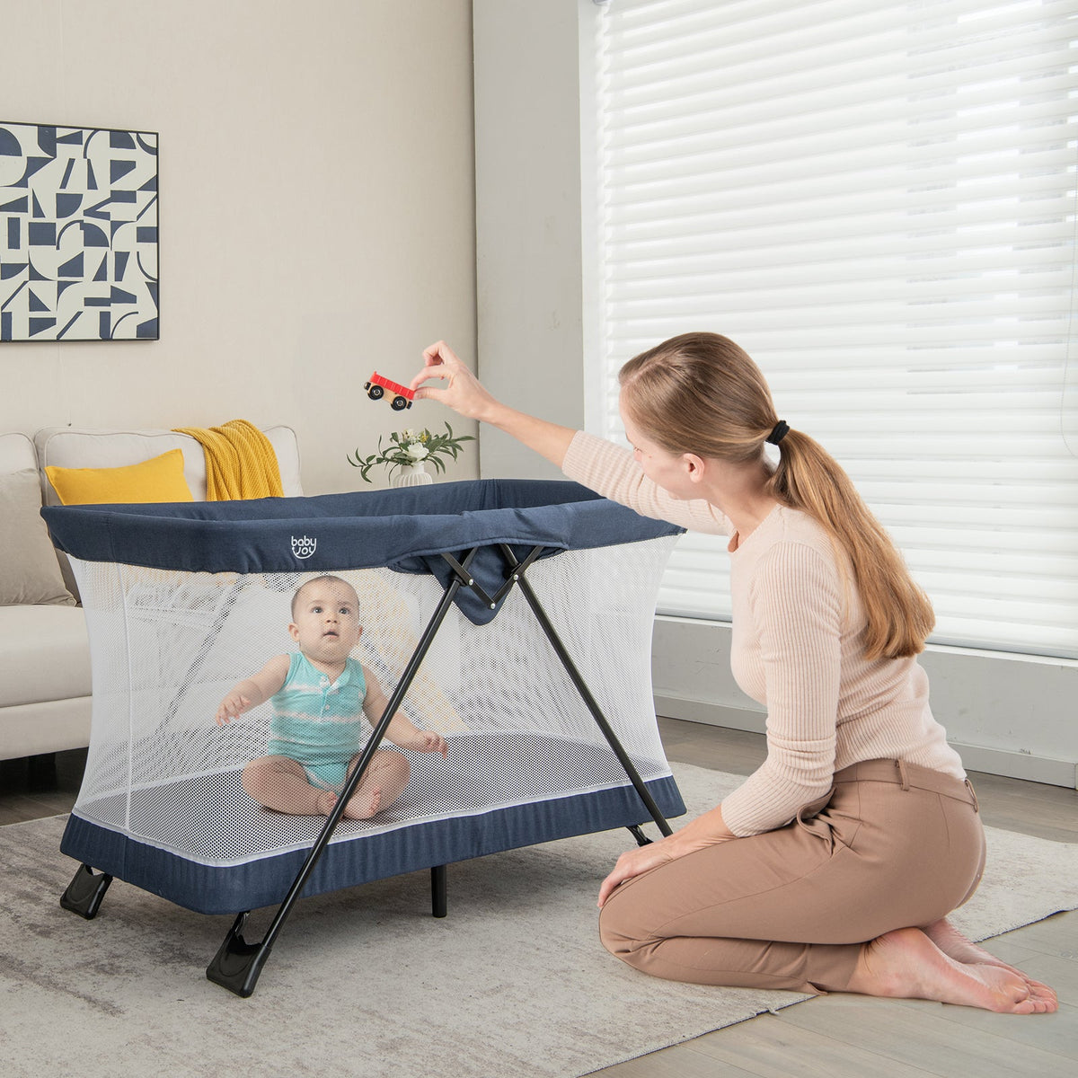 Baby Foldable Playpen with Removable Mattress and Washable Cover