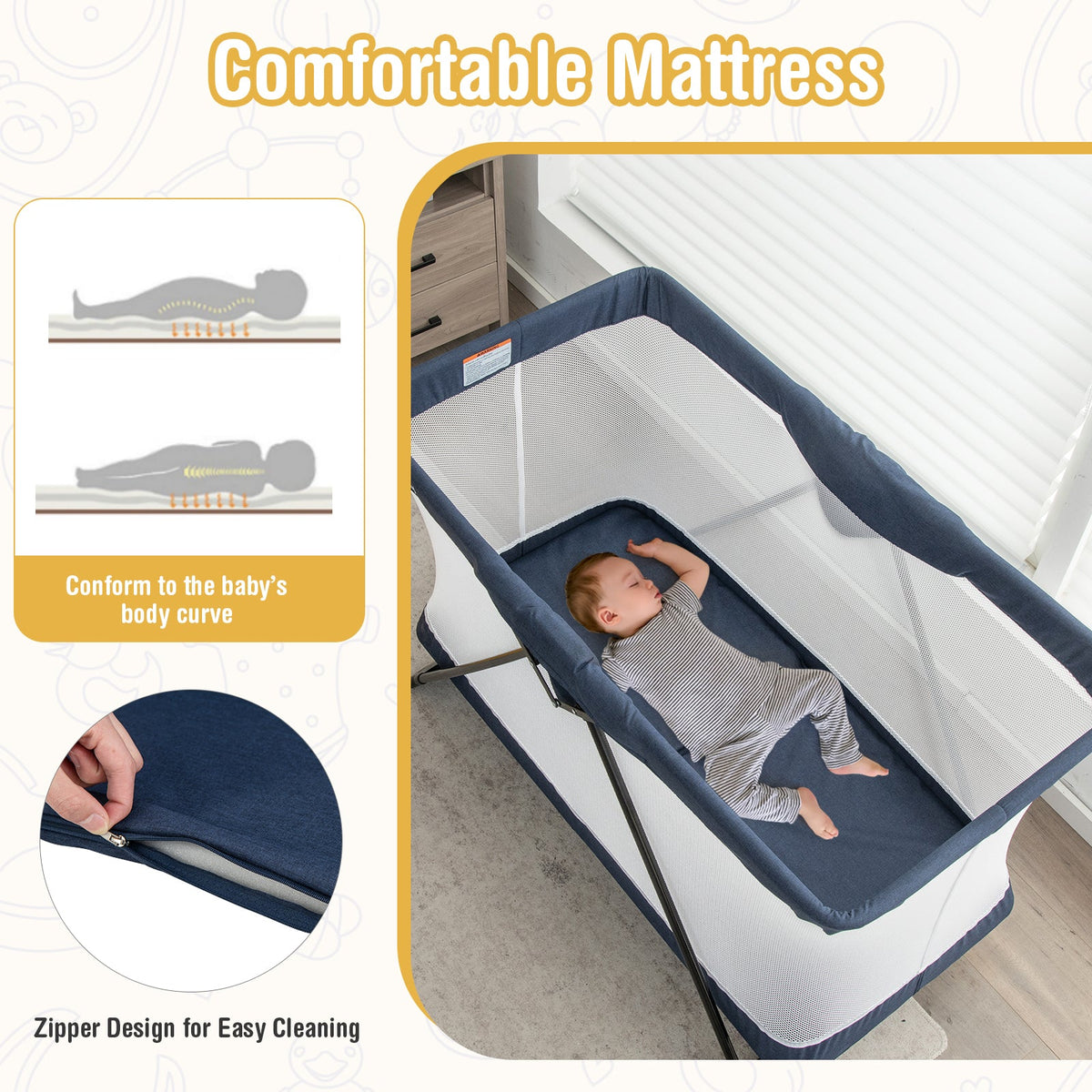 Baby Foldable Playpen with Removable Mattress and Washable Cover