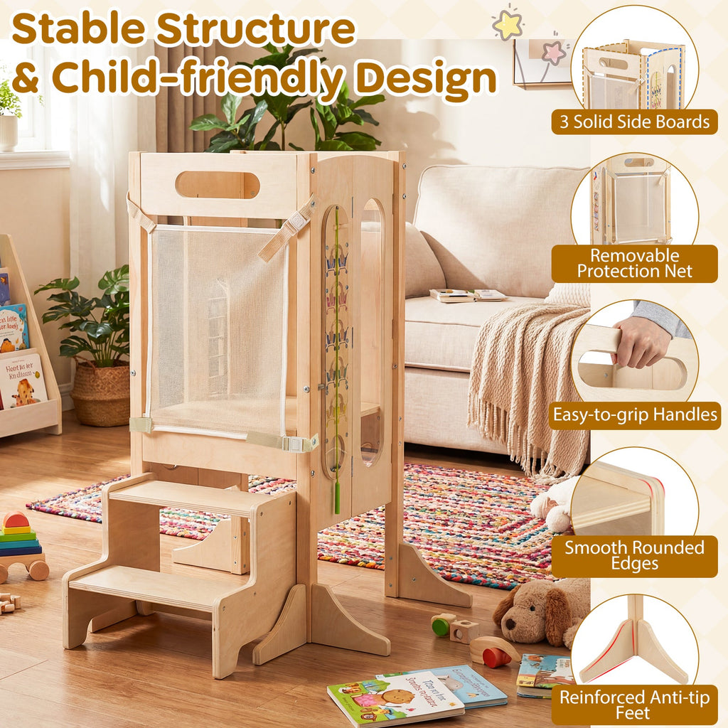 Foldable Toddler Tower with 2-Step Stool and Safety Net for 3+ Years Old
