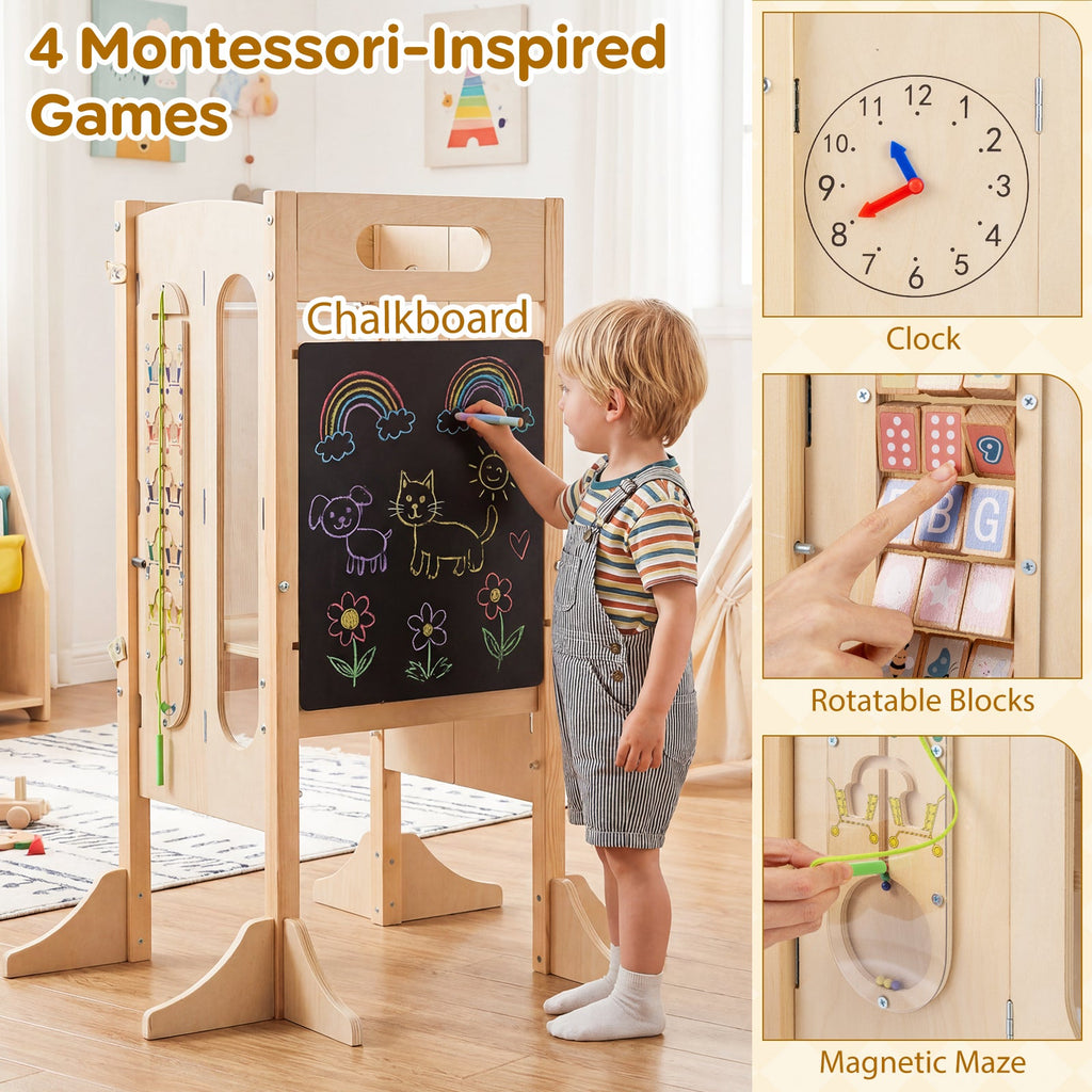 Foldable Toddler Tower with 2-Step Stool and Safety Net for 3+ Years Old