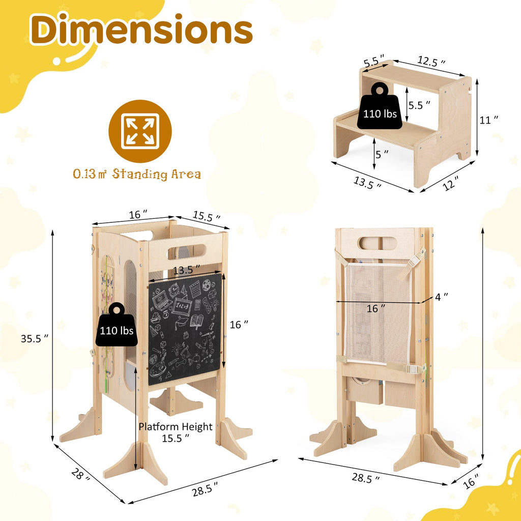 Foldable Toddler Tower with 2-Step Stool and Safety Net for 3+ Years Old