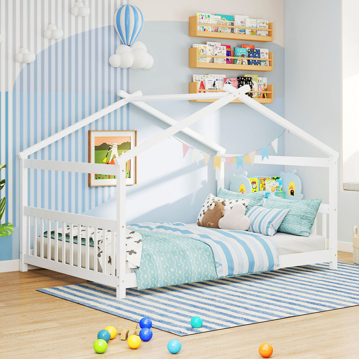 Full Size House Bed Montessori Floor Bed with Headboard
