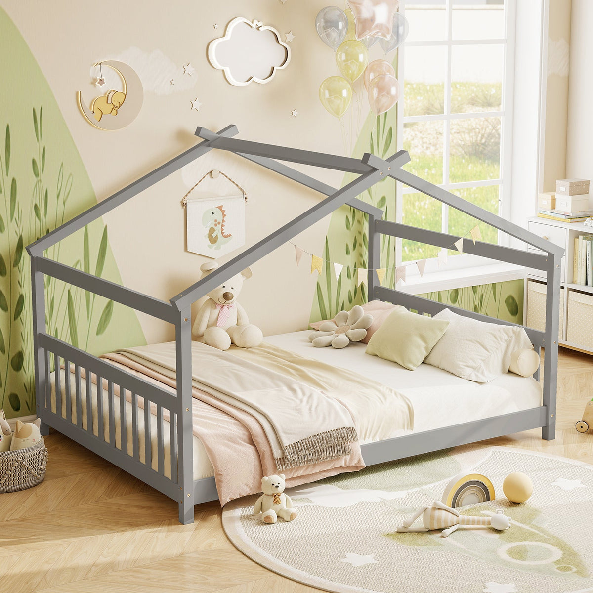 Full Size House Bed Montessori Floor Bed with Headboard