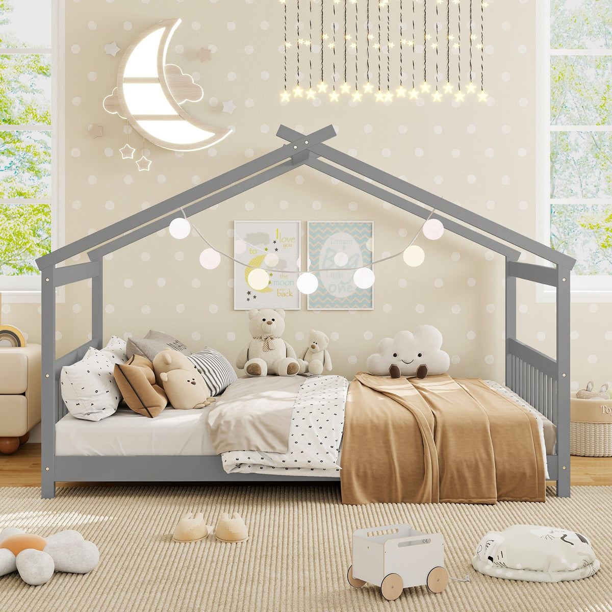 Full Size House Bed Montessori Floor Bed with Headboard