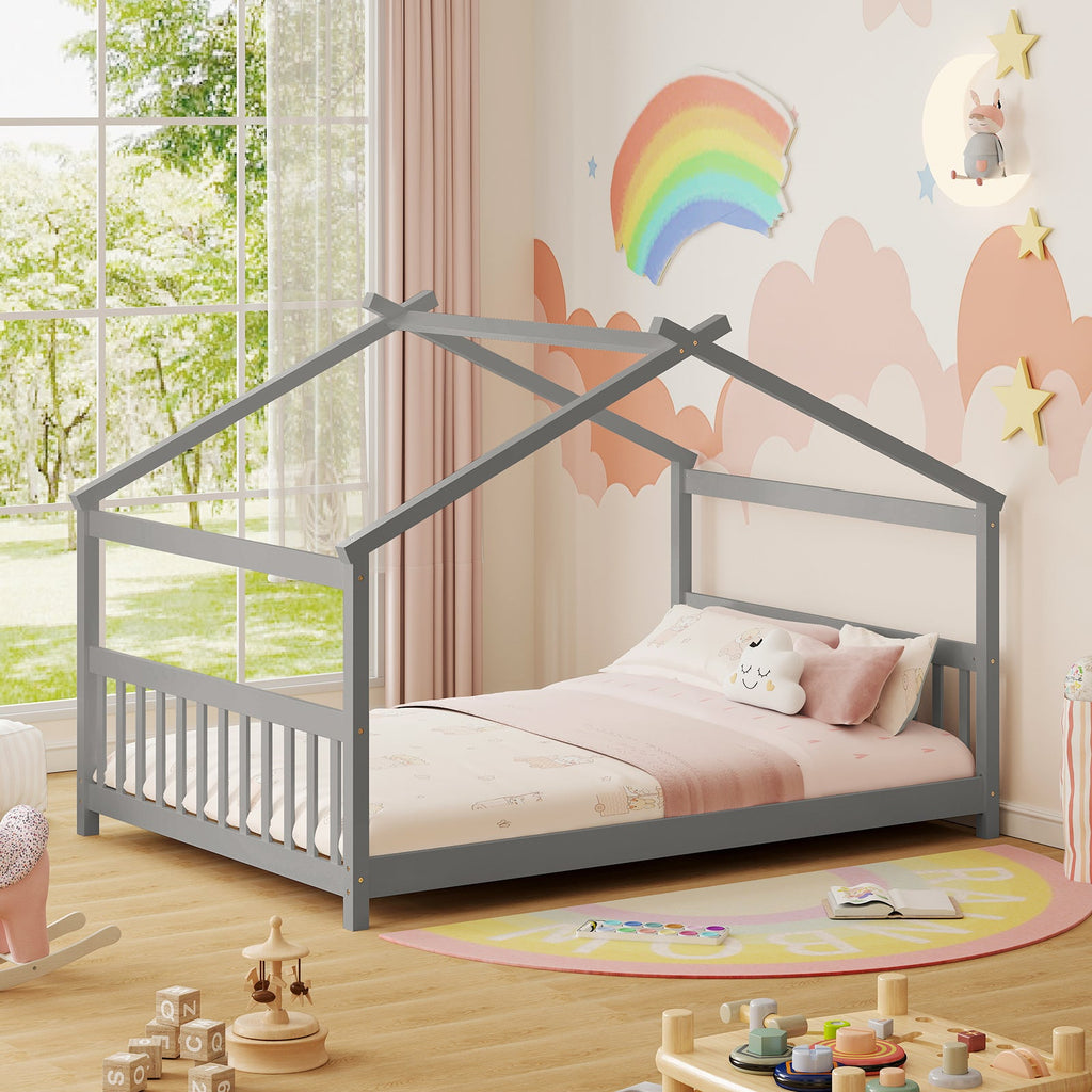 Full Size House Bed Montessori Floor Bed with Headboard
