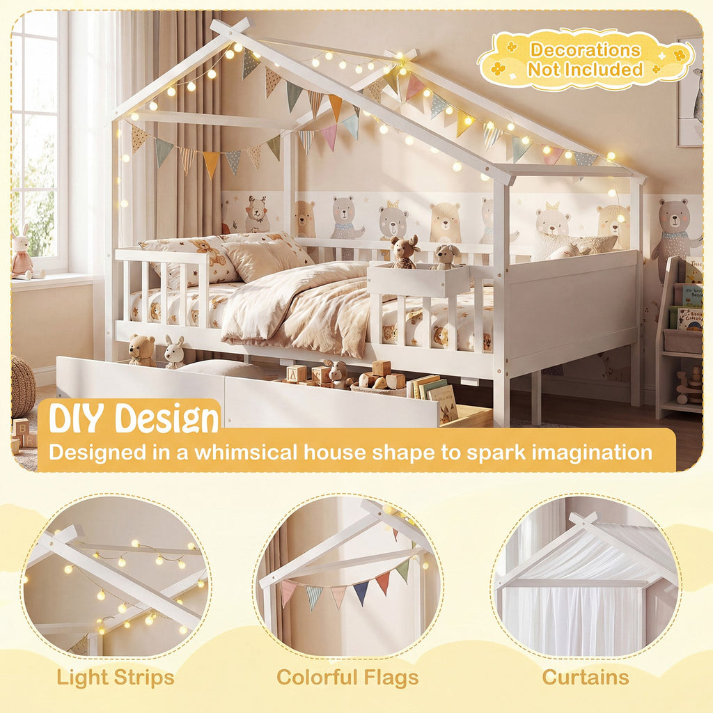 Full Size House Bed with Roof and Fence Rails for Kid
