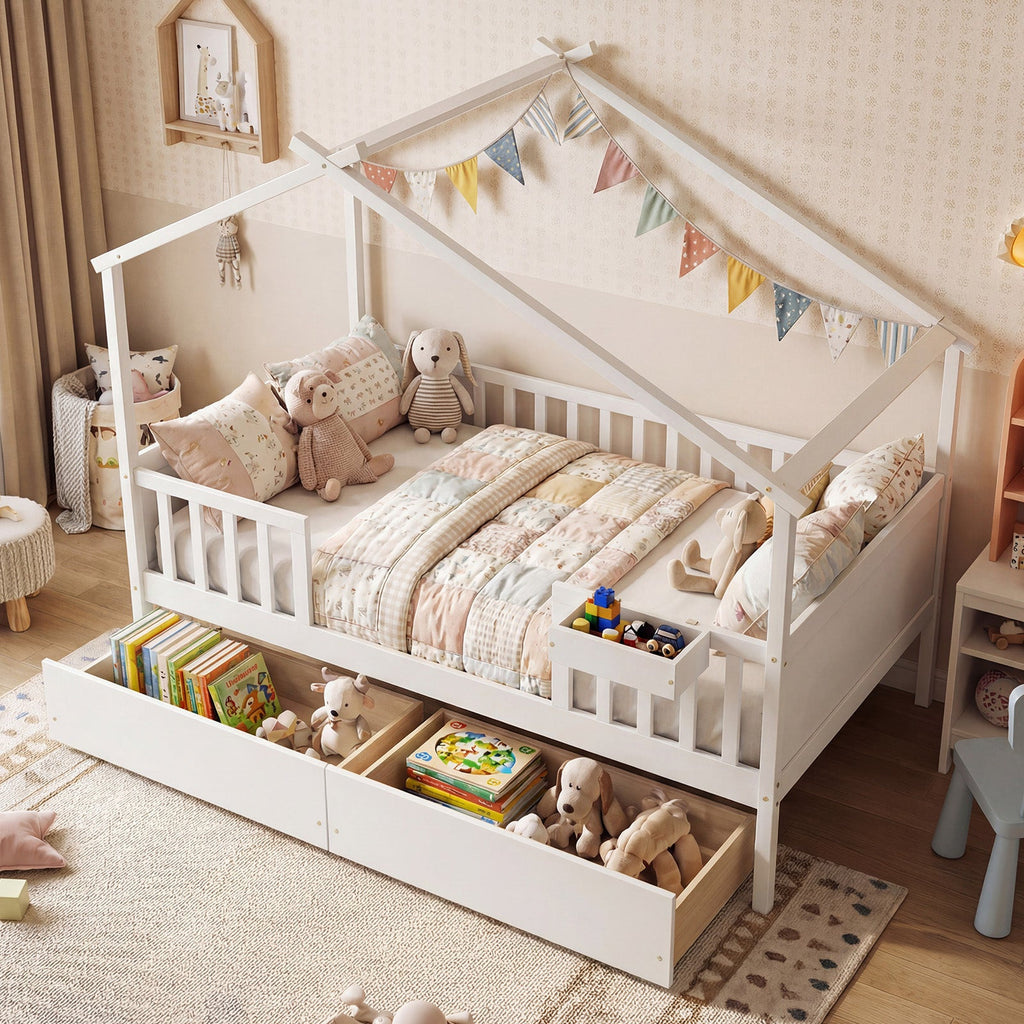 Full Size House Bed with Roof and Fence Rails for Kid