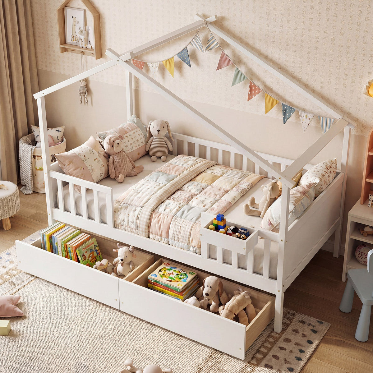 Full Size House Bed with Roof and Fence Rails for Kid