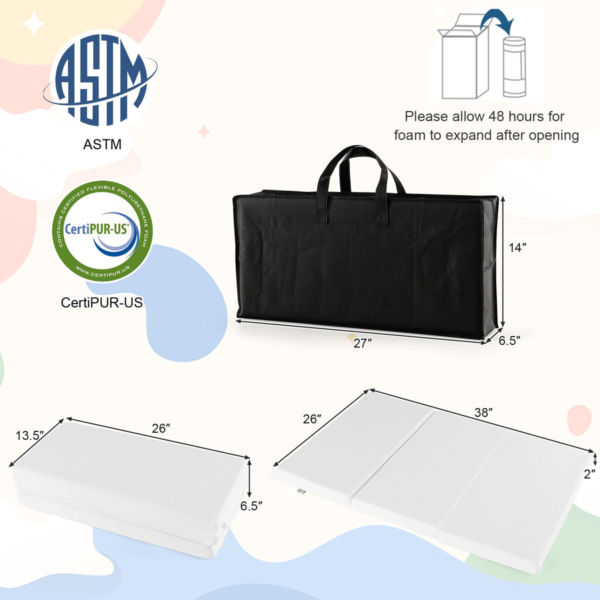 Portable Tri-fold Pack and Play Mattress Pad with Gel-Infused Memory Foam-White