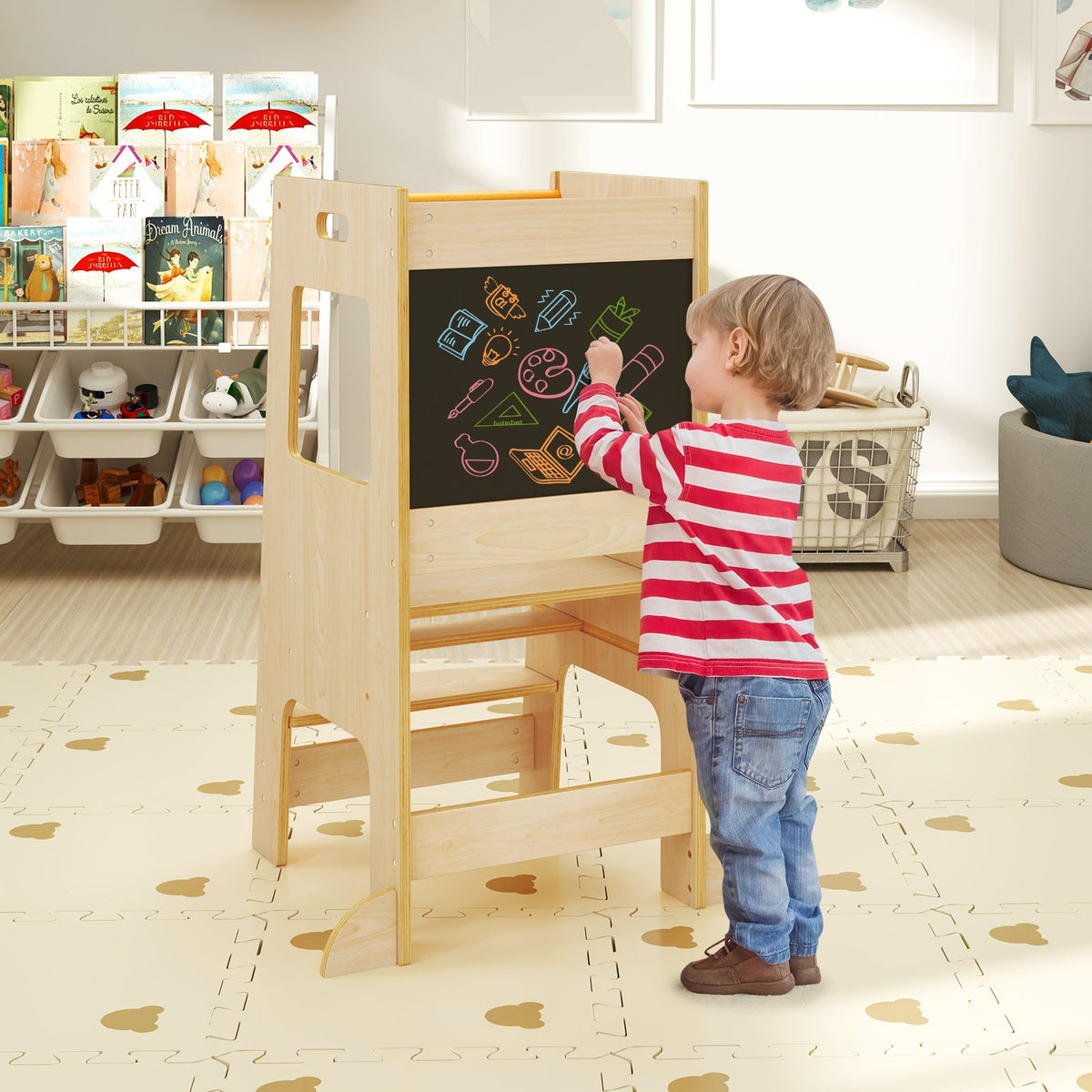 Toddler Kitchen Step Stool with Activity Chalkboard and Adjustable Height