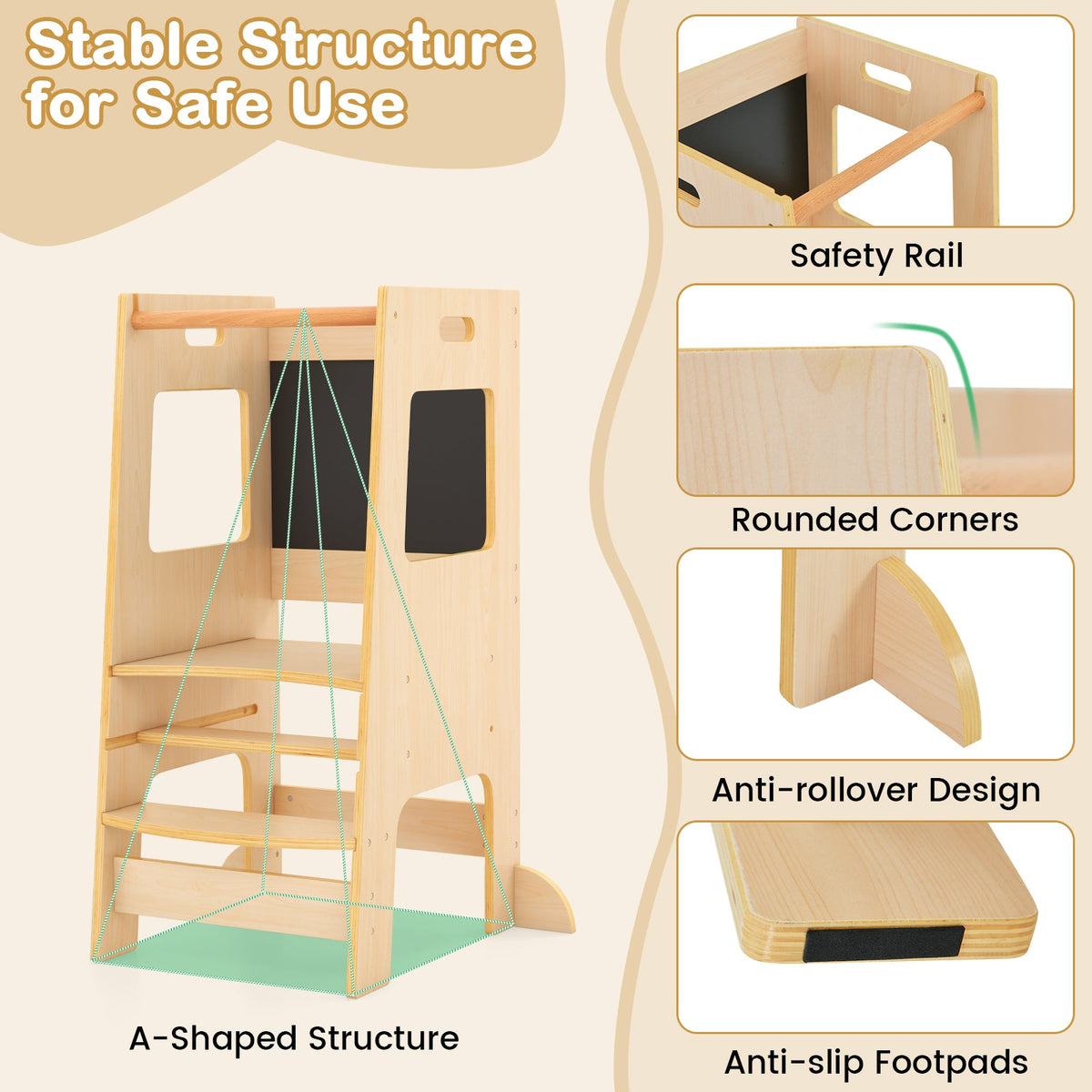 Toddler Kitchen Step Stool with Activity Chalkboard and Adjustable Height