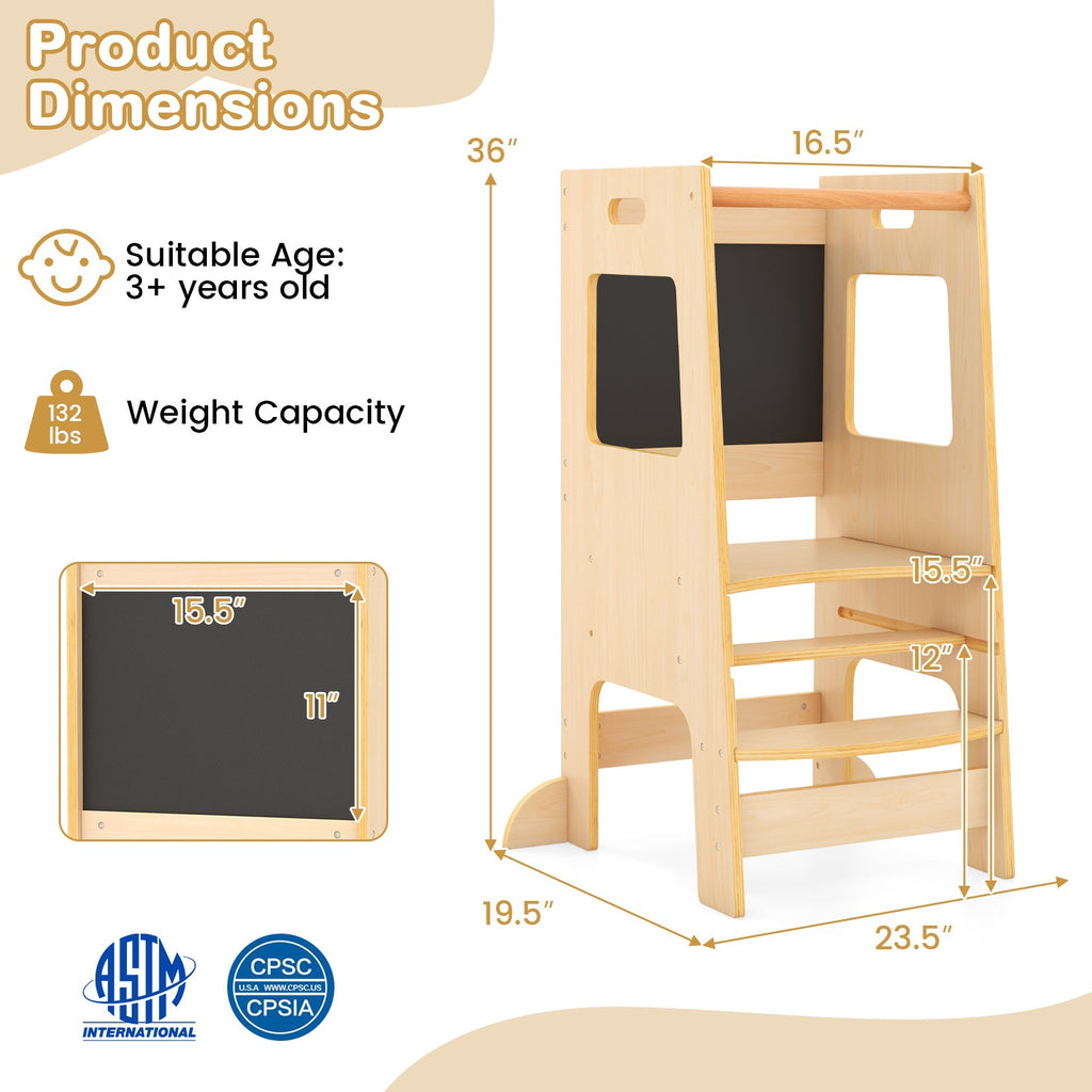 Toddler Kitchen Step Stool with Activity Chalkboard and Adjustable Height