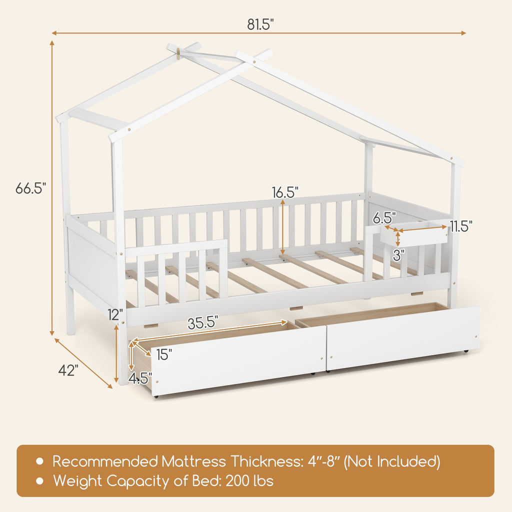 Twin House Bed with 2 Storage Drawers and Roof & Fence Rails