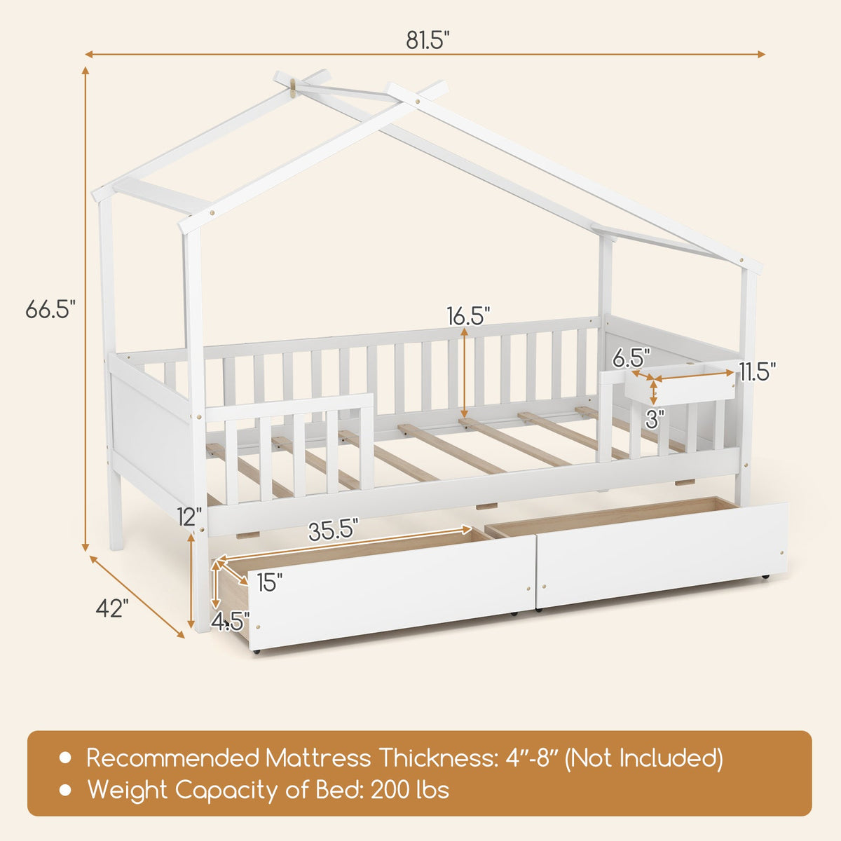 Twin House Bed with 2 Storage Drawers and Roof & Fence Rails
