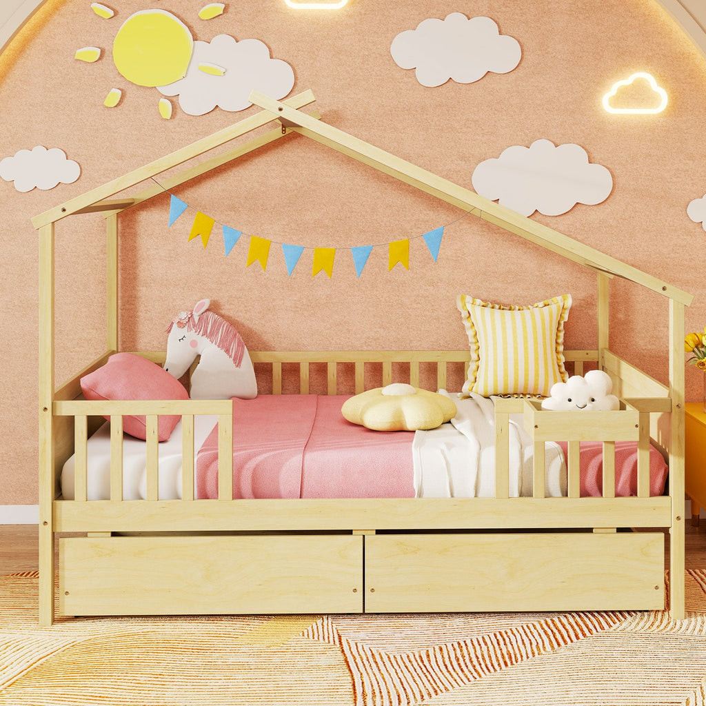Twin House Bed with 2 Storage Drawers and Roof & Fence Rails