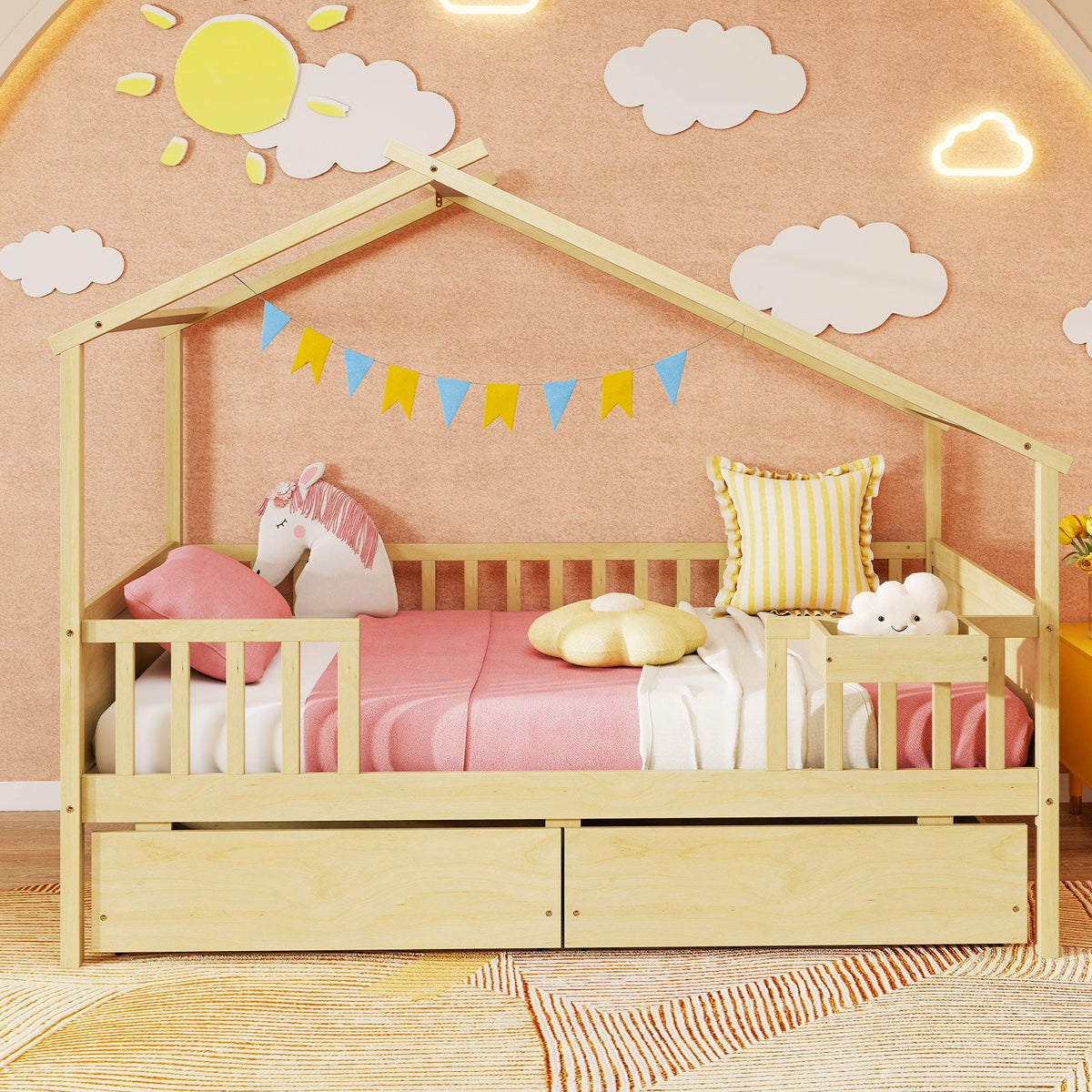 Twin House Bed with 2 Storage Drawers and Roof & Fence Rails