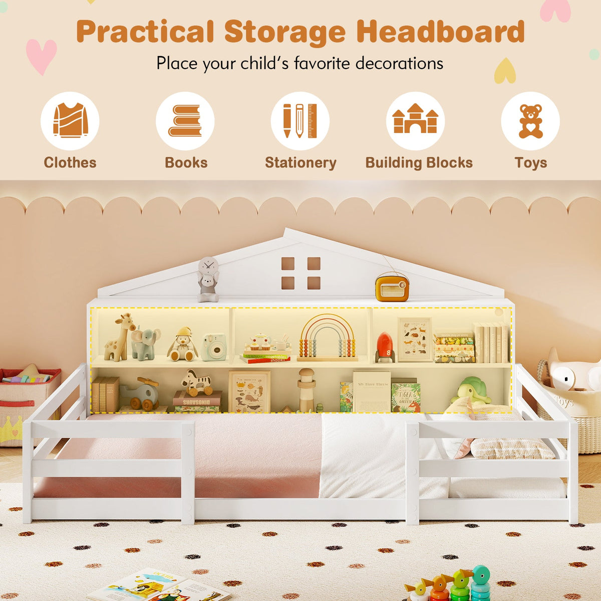 Twin Size Montessori Floor Bed with Storage Compartments and Shelf