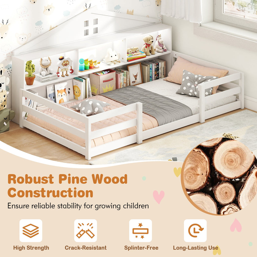 Twin Size Montessori Floor Bed with Storage Compartments and Shelf