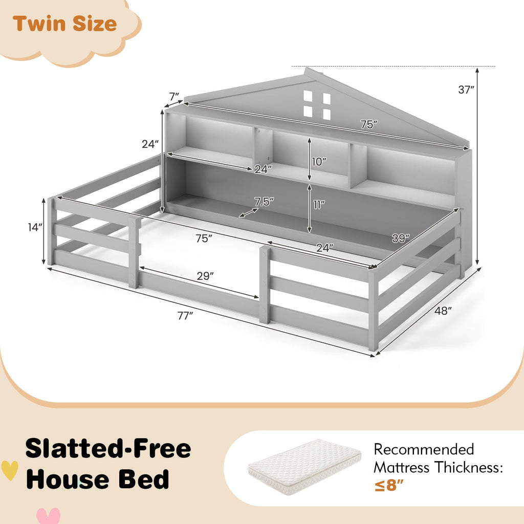 Twin Size Montessori Floor Bed with Storage Compartments and Shelf