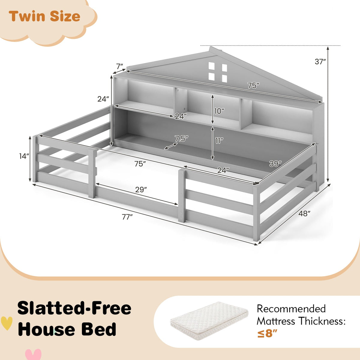 Twin Size Montessori Floor Bed with Storage Compartments and Shelf