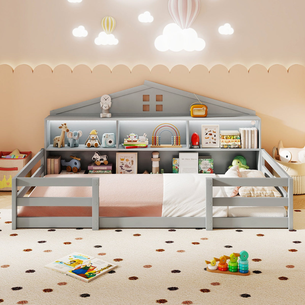 Twin Size Montessori Floor Bed with Storage Compartments and Shelf
