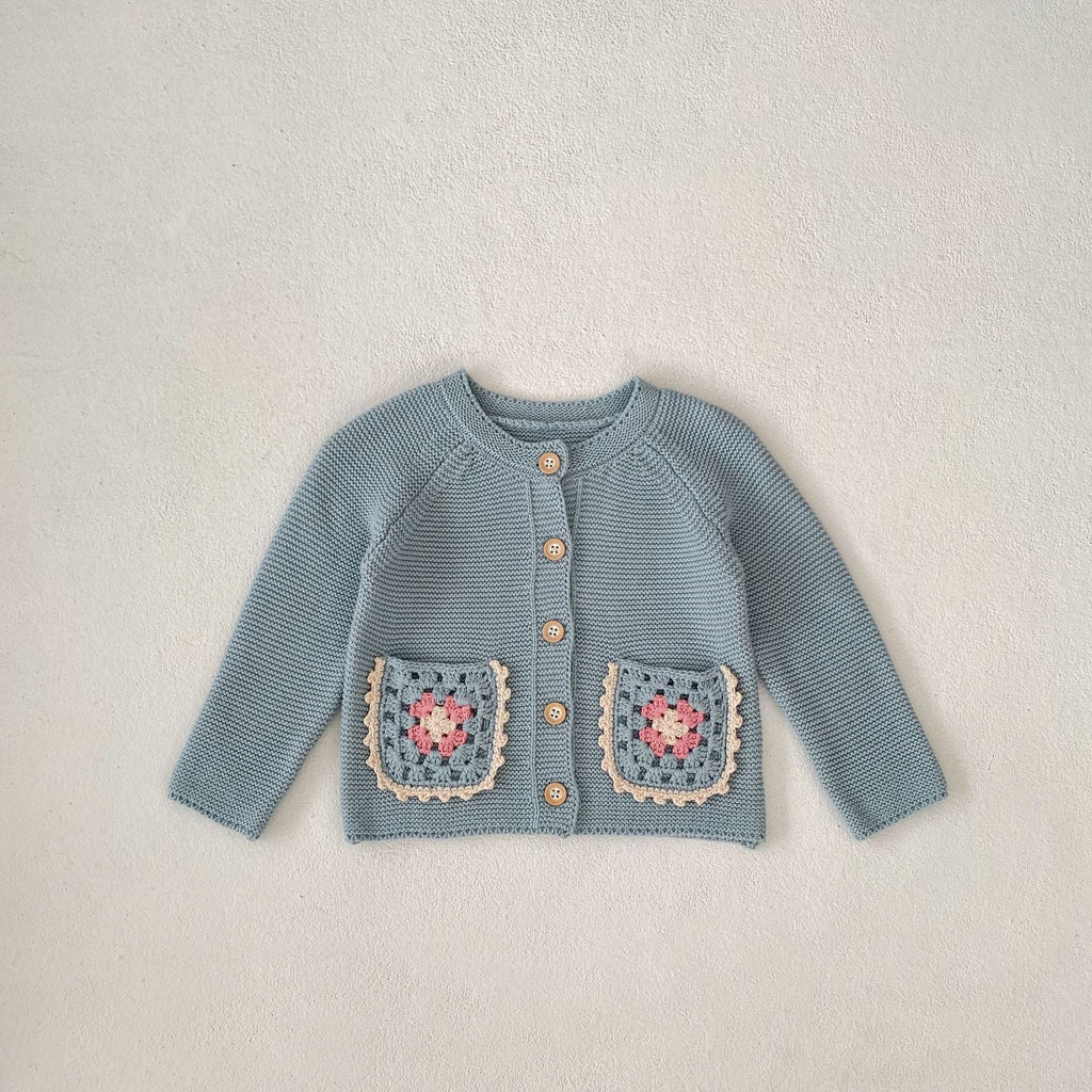 Children's Round Collar Sweater Cardigan Hand Crochet Hollow Flower Pocket Coat