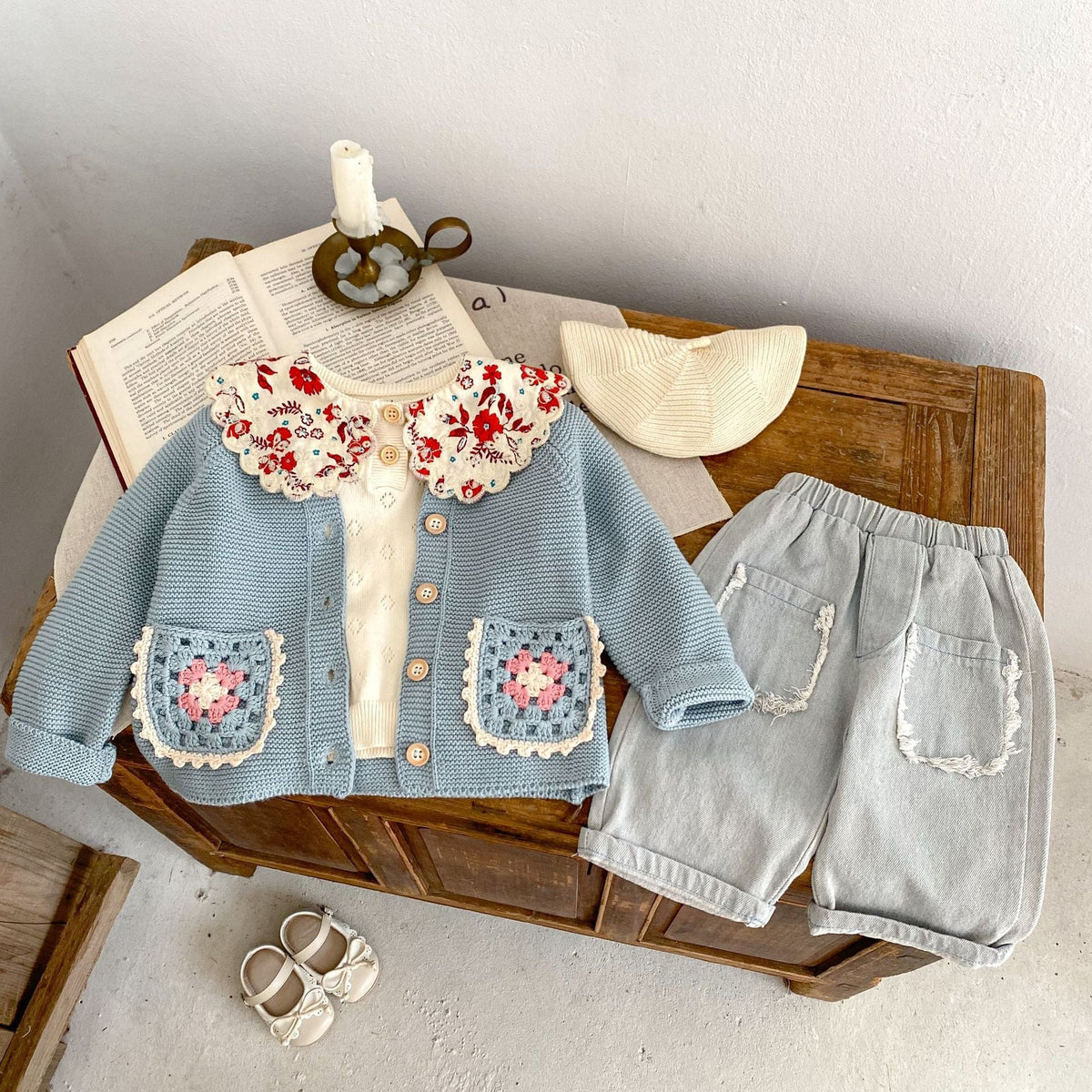 Children's Round Collar Sweater Cardigan Hand Crochet Hollow Flower Pocket Coat
