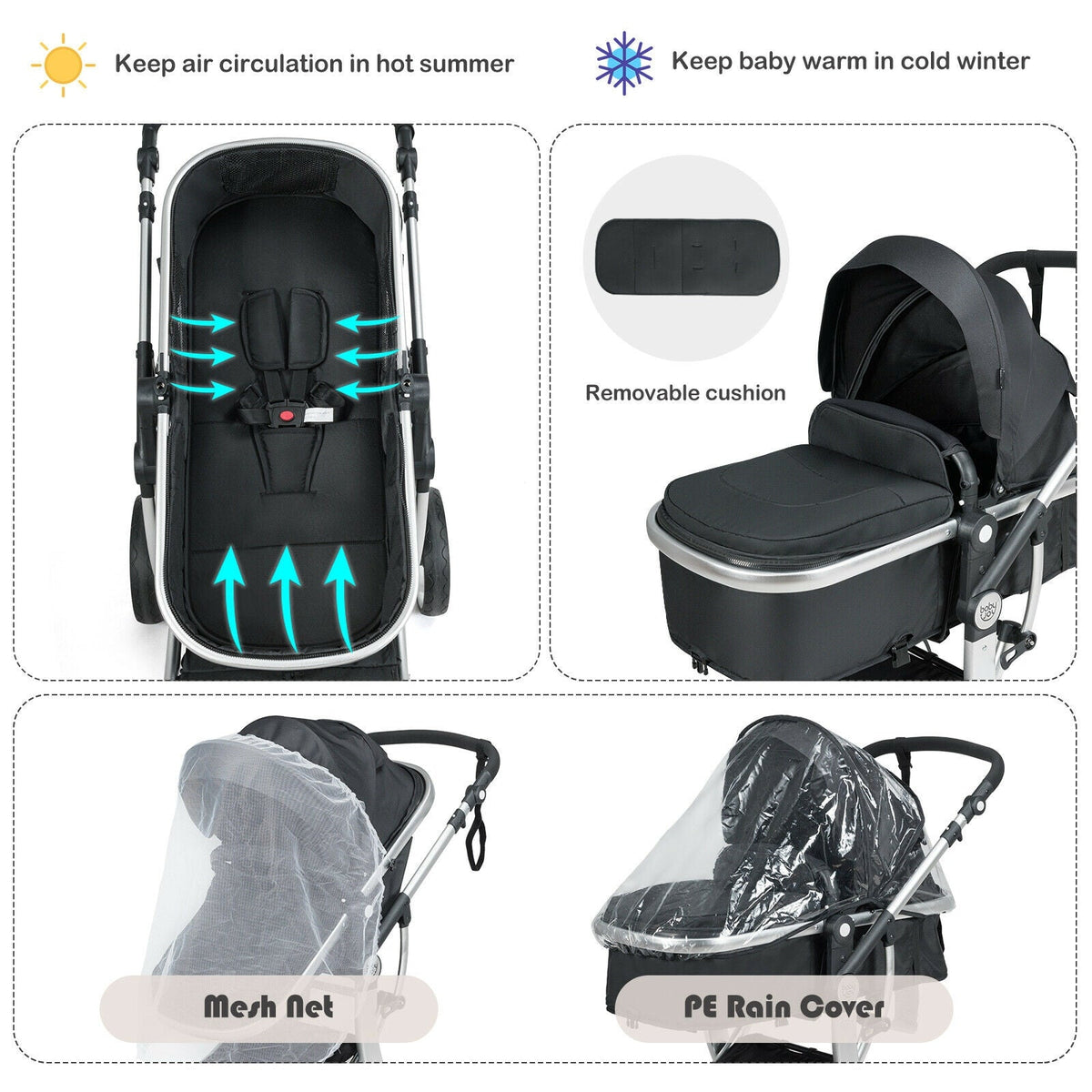 Folding Aluminum Infant Reversible Stroller with Diaper Bag