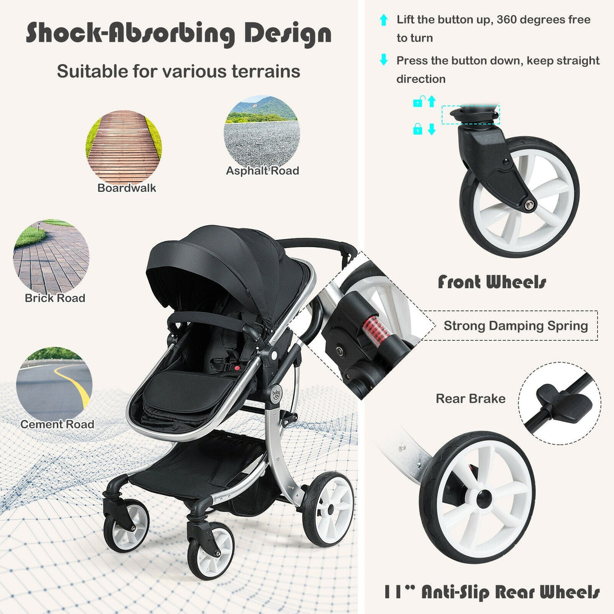 Folding Aluminum Infant Reversible Stroller with Diaper Bag