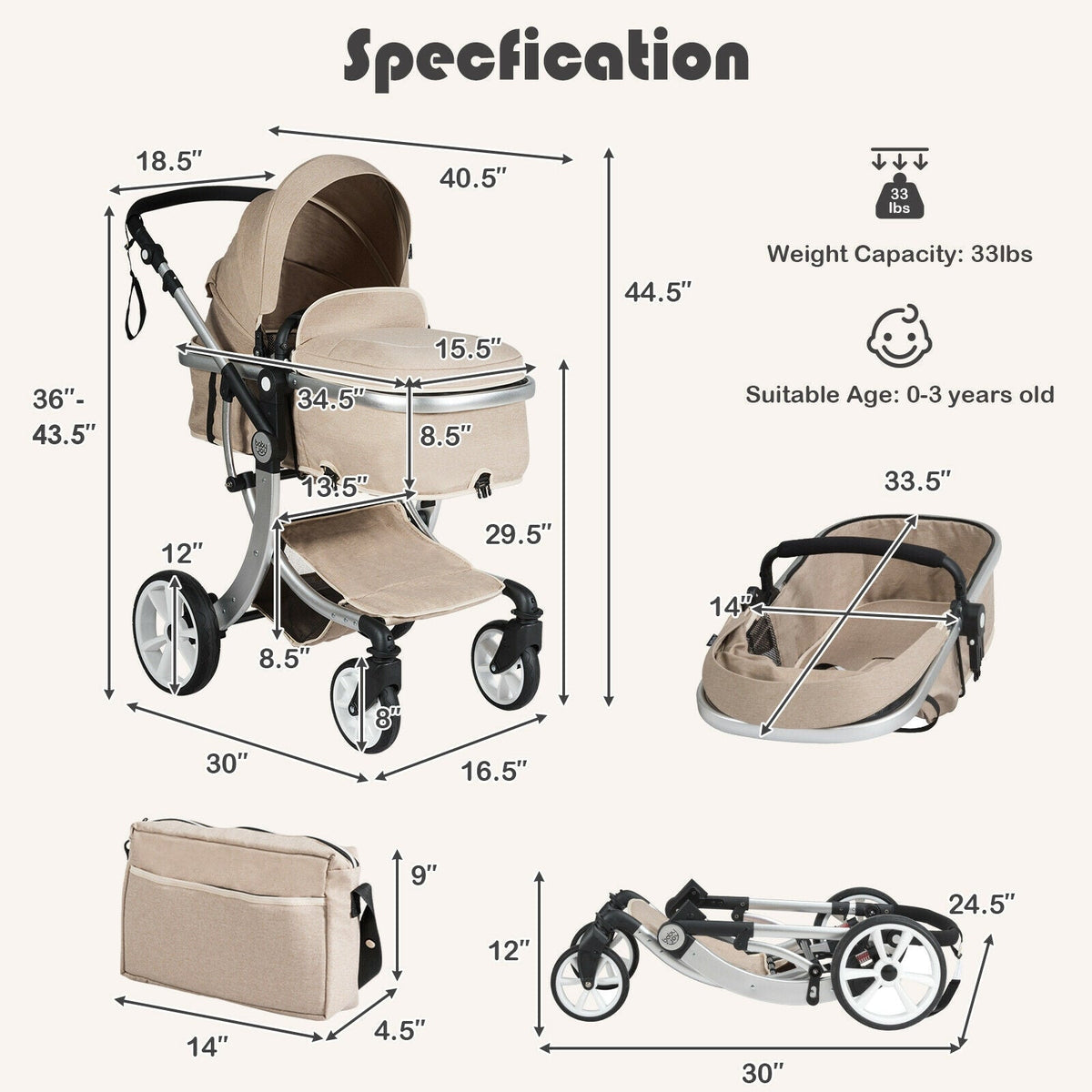 Folding Aluminum Infant Reversible Stroller with Diaper Bag